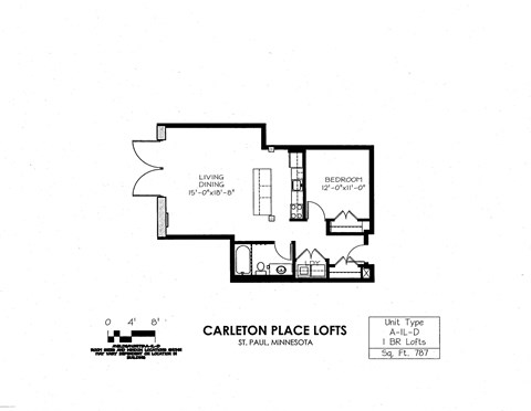 Floor plan for 1 bed, 1 bath, 787 sqft